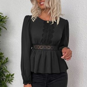 Boho black lace insert peplum blouse